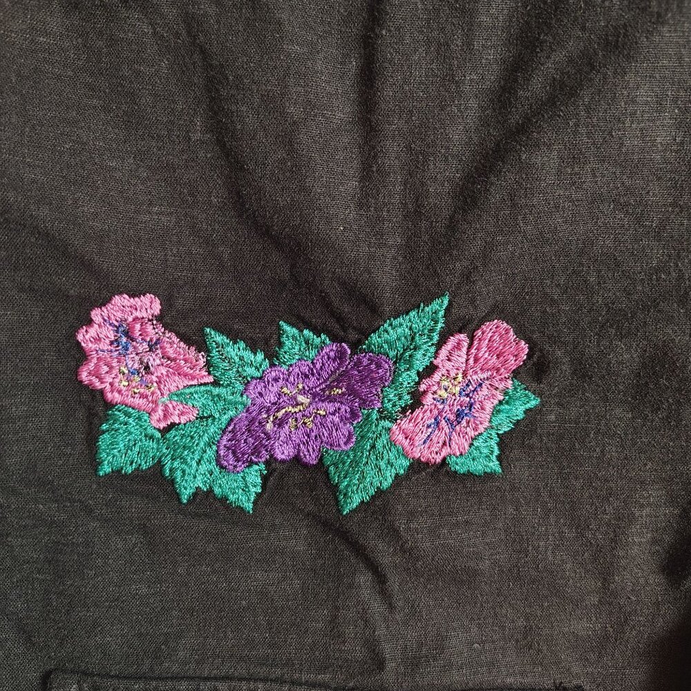 Requirements Black Button Up Embroidered Shirt Peacock Floral Linen Sz 10 - Picture 5 of 12